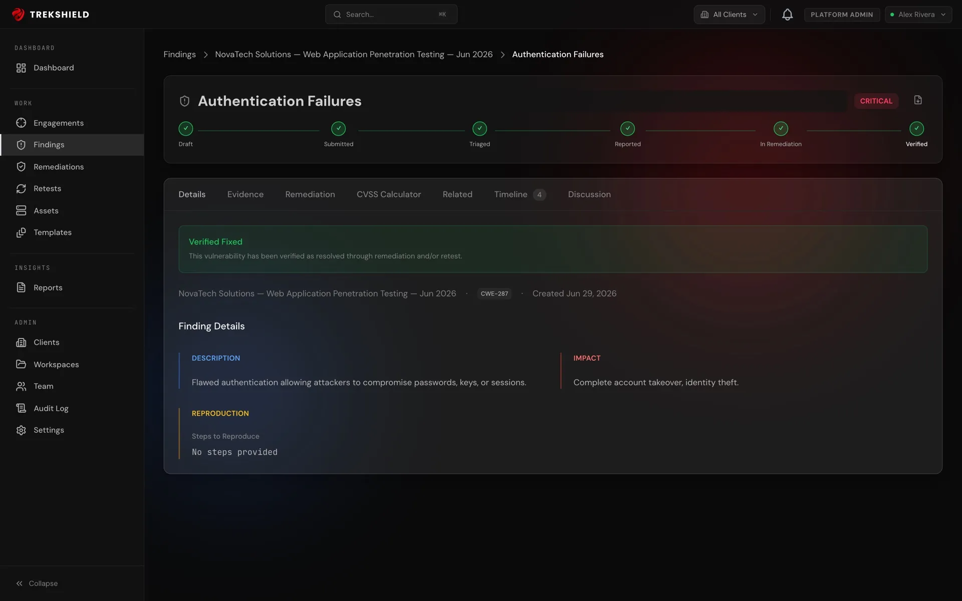Finding detail with proof-of-exploit evidence, CVSS, CWE, and remediation
